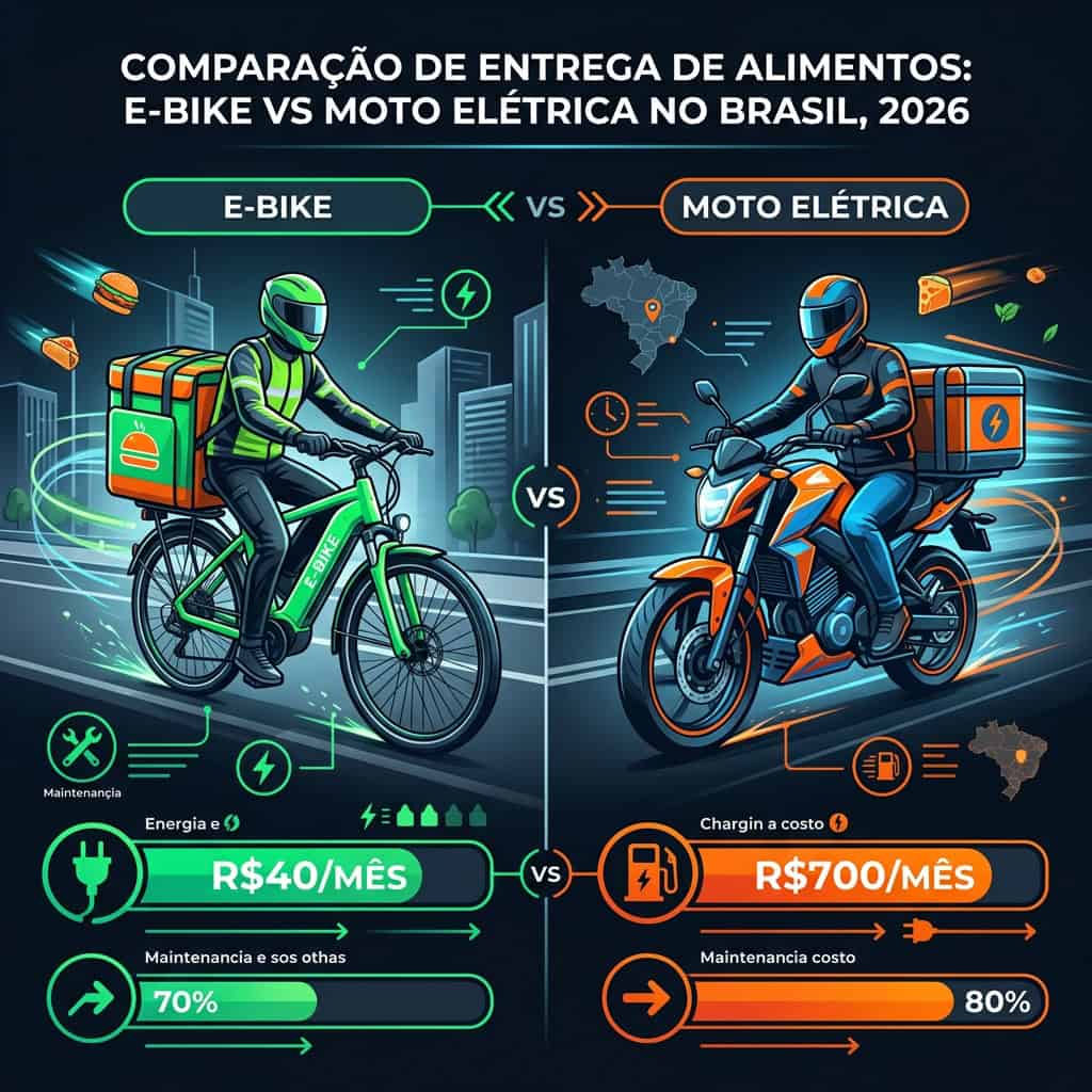 Comparativo e-bike vs moto elétrica delivery rodando em vias urbanas no Brasil em 2026