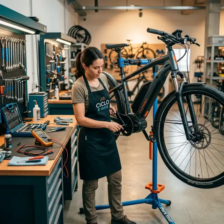 como fazer manutenção de bicicleta elétrica: pessoa realizando revisão em e-bike em oficina