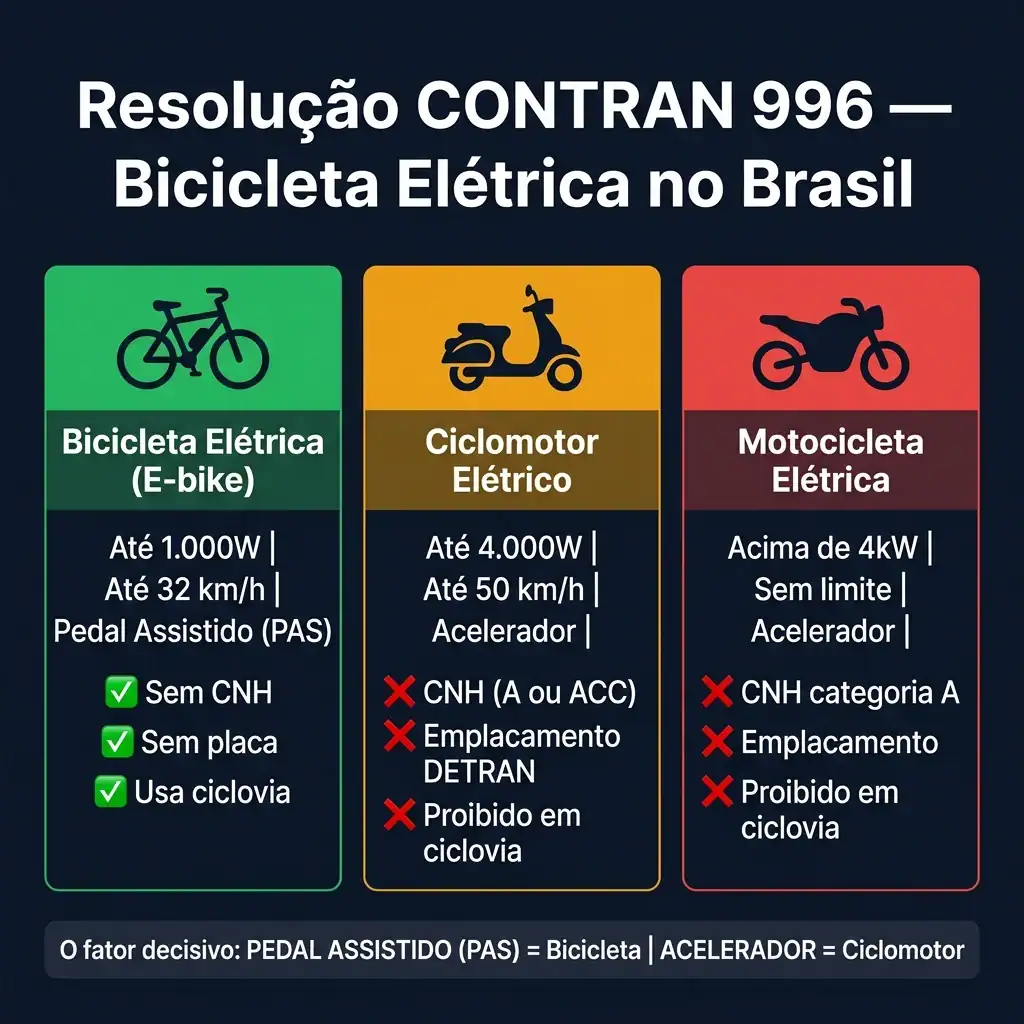 Resolução CONTRAN 996 bicicleta elétrica: tabela das 3 categorias legais — e-bike, ciclomotor e motocicleta elétrica no Brasil 2026