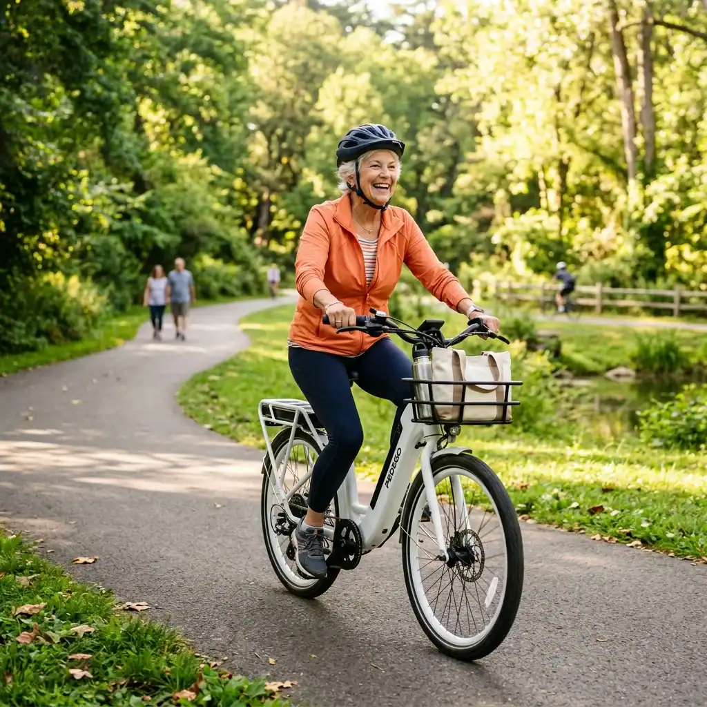 Mulher de 60 anos pedalando bicicleta elétrica para idosos em um parque
