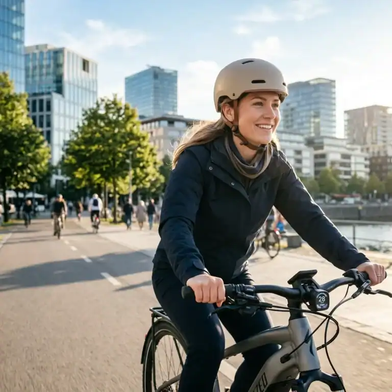 Ciclista urbano utilizando capacete bicicleta elétrica obrigatório para garantir a segurança no trânsito