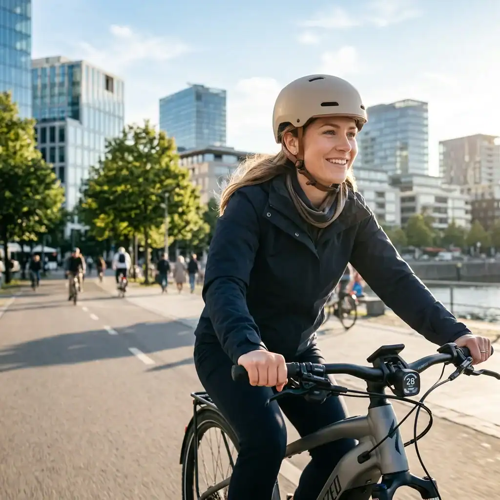 Ciclista urbano utilizando capacete bicicleta elétrica obrigatório para garantir a segurança no trânsito