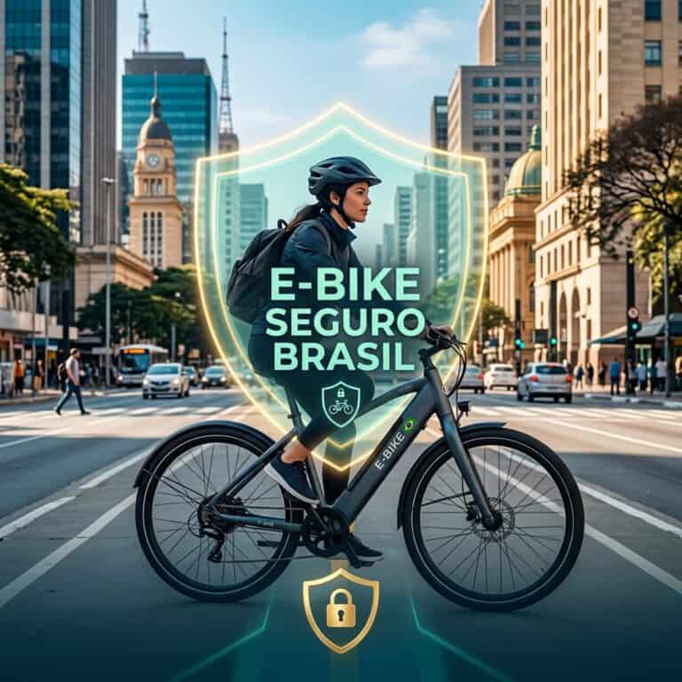 Seguro bicicleta elétrica — proteção digital com escudo sobre e-bike moderna em cenário urbano